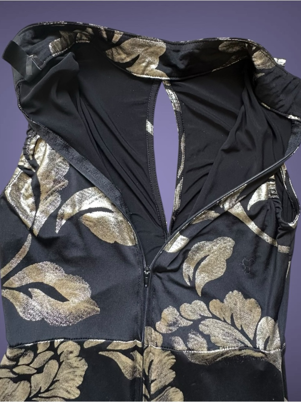 Women’s Black & Gold Floral Formal Gown Sleeveless High Neck Mermaid Dress - Picture 3 of 7